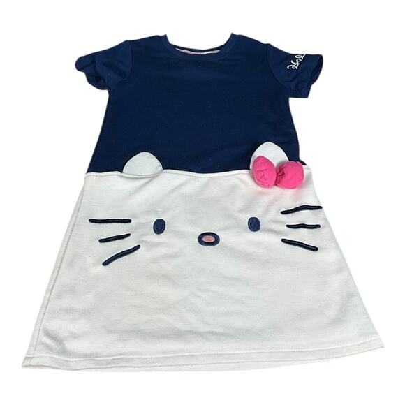 Hello Kitty Girls Dress Size 6 Navy White Cat Face Bow Ears Short Sleeve Cute - Picture 5 of 7